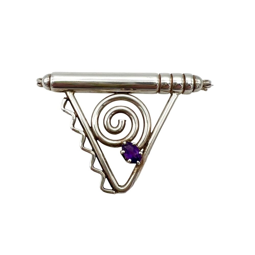 Joan Z. Horn Sterling Silver Brooch Pin Faceted Amethyst Geometric Modernist 925